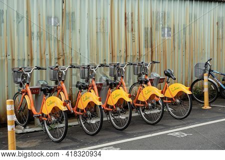 New Taipei city, Taiwan - June 14th, 2020: Ubike, a bike sharing system service used by citizens as short-distance transit vehicles at street in New Taipei city, Taiwan