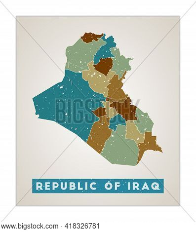 Republic Of Iraq Map. Country Poster With Regions. Old Grunge Texture. Shape Of Republic Of Iraq Wit