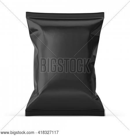 Blank black plastic bag. Food snack, chips packaging isolated on white beckground. 3d rendering mockup template