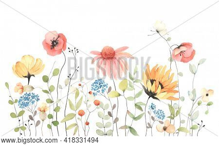 Summer banner with colorful wildflowers and abstract green plants, isolated watercolor illustration for card, border, wallpaper, poster or template your design.