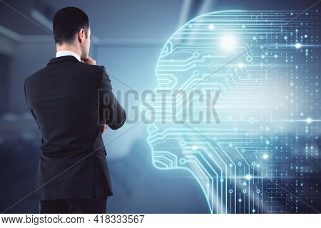 Artificial Intellingence And Machine Learning Concept With Pensive Businessman Back Looking At Digit