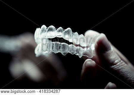 Transparent Ferule Retainer Teeth Alignment. Copy Space