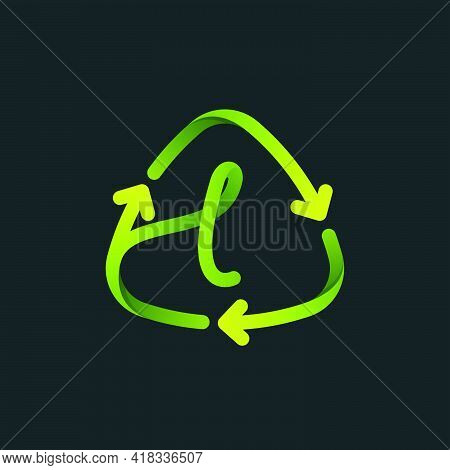 Recycling Symbol With L Letter Line Logo. Green Reuse Sign With Rotating Arrows. Vector Font For You