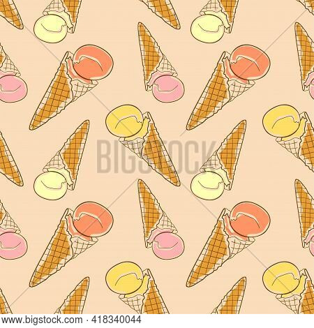 Ice Cream In A Waffel Cone Seamless Pattern Hand Drawing Outline And Colors Vector Illustration