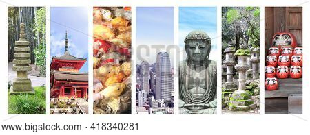 Set of vertical banners with landmarks of Japan. Skyscrapers in Tokyo, Great Buddha statue, Gojunoto pagoda, traditional daruma dolls, koi fish in pond, old stone lanterns in Nara