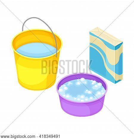 Household Cleaning Equipments With Bucket Full With Water And Detergent Isometric Vector Composition