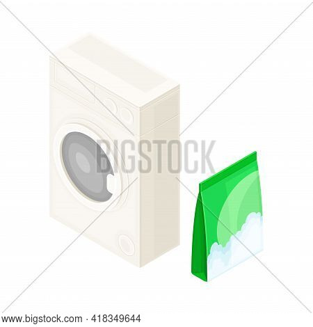 Washing Machine And Soap Powder As Household Cleaning Equipments Isometric Vector Composition