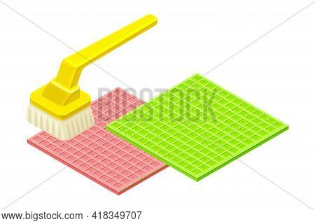 Scrub Brush With Handle Cleansing Mat As Household Cleaning Equipments Isometric Vector Composition