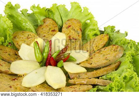 Grilled Notrhern Thai Spicy Sausage (sai Aua) On White Background White Background With Cipping Path