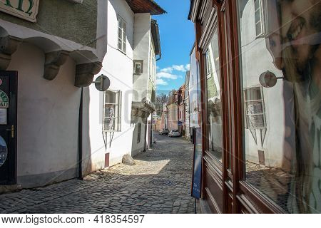 Cesky Krumlov, Czech - April 25, 2012: This Is The Nove Misto Street In The Medieval Old Town Near T