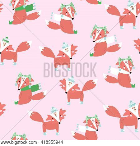 Seamless Festive Pattern With Cute Cartoon Foxes. Vector Holiday Background