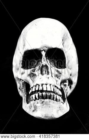 Old Human White Skull Including Teeth. Concept For Halloween.