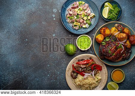 Assorted Dishes Of Peruvian Cuisine: Beef And Peppers Lomo Saltado, Peruvian Ceviche With Fish And S
