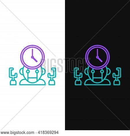 Line Robot And Digital Time Manager Icon Isolated On White And Black Background. Time Management Ass