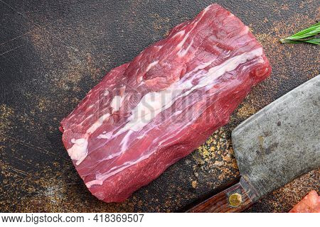 Tenderloin, Or Eye Fillet Cut Raw Marbled Beef Meat Set , With Old Butcher Cleaver Knife, On Old Dar