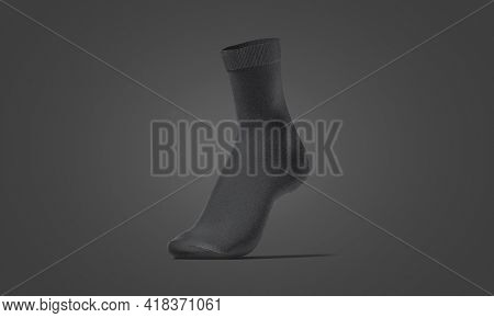 Blank Black Long Socks On Tiptoe Mockup, Dark Background, 3d Rendering. Empty Fabric Stockings Or Kn