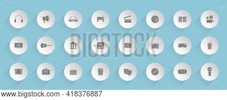 Entertainment Vector Icons On Round Puffy Paper Circles With Transparent Shadows On Blue Background.