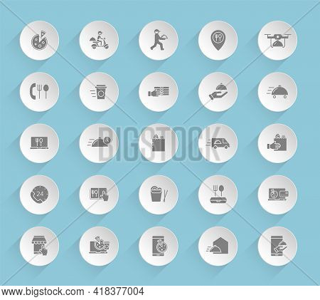 Food Delivery Vector Icons On Round Puffy Paper Circles With Transparent Shadows On Blue Background.