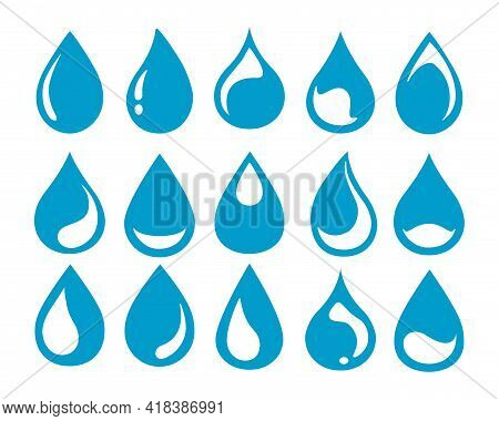 Abstract Fresh Waterdrops. Vector Waters Drops Graphics, Cold Blue Waterly Dribs Isolated On White B
