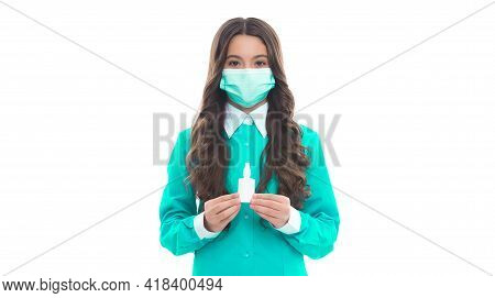 Girl In Mask Hold Nasal Drops. Child Presenting Nasal Spray. Runny Nose Coronavirus Symptom. Flu Sar