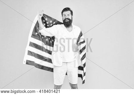 Got Green Card. American Citizen Celebrate Independence Day. Happy Hipster Hold Usa Flag. Citizenshi