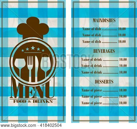 Restaurant Menu Design. Food And Drinks Menu Retro Style Blue Tablecloth Background. Vector Illustra