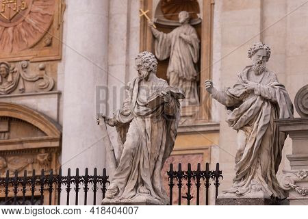 Fence With Statues Of The Apostles. Made In 1772 By David Geel From Pinchow Limestone. Heavily Damag