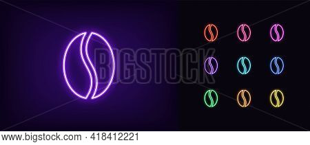 Neon Coffee Bean Icon. Glowing Neon Coffee Seed Sign, Outline Wholegrain Bean Pictogram And Silhouet