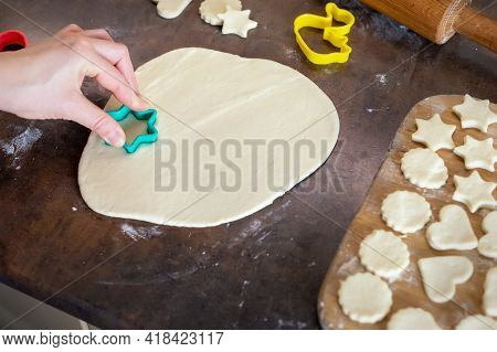 Portrait Young Adult Brunette Caucasian Woman Making Dough With Roller Pin For Sweet Tasty Homemade 