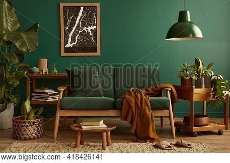 Stylish Living Room In House With Modern Retro Interior Design, Velvet Sofa, Carpet On Floor, Brown