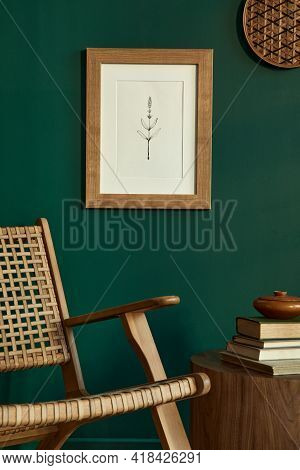 Stylish Living Room Interior In Modern House With Design Rattan Armchair, Brown Wooden Coffee Table,
