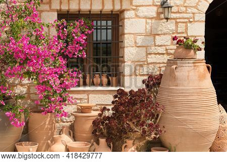 Display Of Traditional Pottery In The Colorful Village Of Margarites, Famous For Its Handmade Cerami