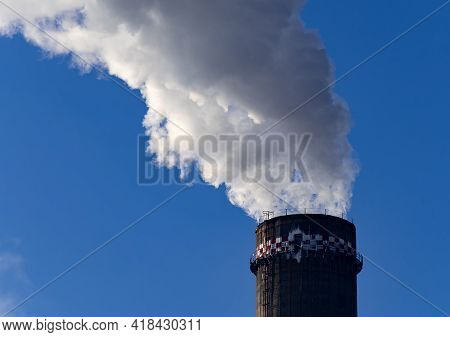 Bucharest, Romania - January 15, 2021: Chimney Of Cet Progresul Power Plant, Pollute With Smoke From