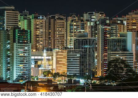 Night Cityscape Of Gleba Palhano Neighborhood At Londrina City, Pr, Brazil. Nightlife On A High Dens