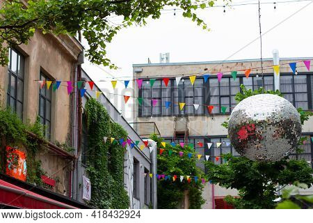 Disco Ball On Fashionable Art Space Fabrika In Tbilisi Old Town. Hostel And Cultural Center. Tbilisi