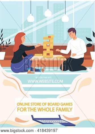 Happy Couple Playing Jenga At Home On Weekend. People Are Spending Time Together And Playing With Bo