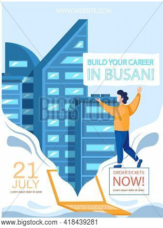 Build Your Career In Busan Training Poster Announcement, Business Concept With Text And Man Standing