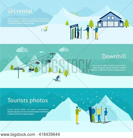 Ski Resort Horizontal Banner Set With People With Sport Equipment Isolated Vector Illustration