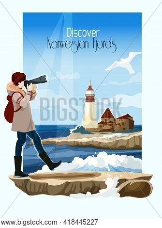 Norwegian Fjord Seascape Poster With Lighthouse On Background Vector Illustration