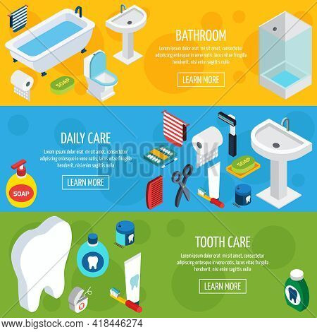 Isometric Horizontal Hygiene Banners  With Bathroom Objects And  Means Of Daily Care And Tooth Care 