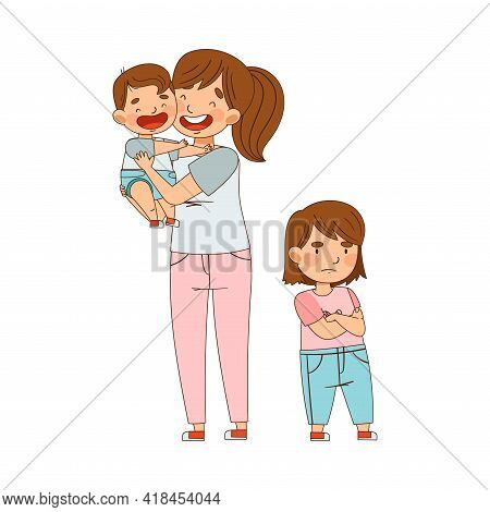 Jealous Sister Folding Hands Standing Near Mother Playing With Her Little Brother As Family Relation