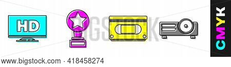 Set Smart Display With Hd Video, Movie Trophy, Vhs Video Cassette Tape And Movie, Film, Media Projec