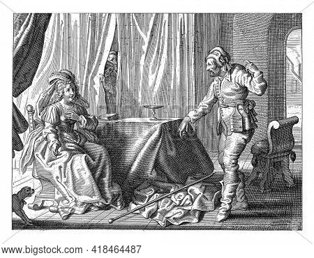 The Greek philosopher Hipparchia van Maroneia is sitting at the table and her future husband Krates van Thebes proposes to her.