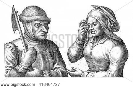 A soldier with a spear says goodbye to his wife. The woman is crying. The print has a German inscription on verse. The print is part of a series with puns about the relationship between man and woman