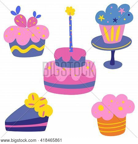 Happy Holiday Cream Cake Vector Set. Delicious Birthday Cake. Sweet Pastries, Muffin, Cupcake Holida