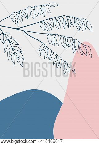 Abstract Art Of Tree Branch On Simple Shapes Background. Hand Drawn Poster, Floral Print In Boho Sty