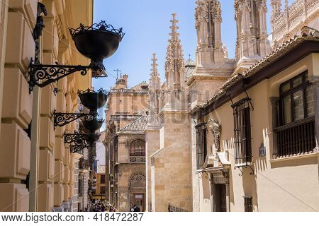 Granada, Andalucia, Spain- May 26, 2019: Street To The Royal Chapel Of Granada Capilla Real De Grana