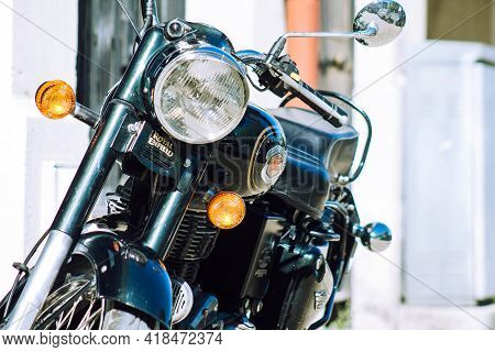 Reims France April 26, 2021 Royal Enfield 500cc Motorcycle Parked In The Streets Of Reims