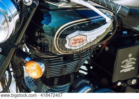 Reims France April 26, 2021 Royal Enfield 500cc Motorcycle Parked In The Streets Of Reims