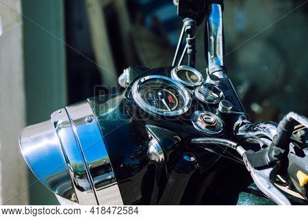 Reims France April 26, 2021 Royal Enfield 500cc Motorcycle Parked In The Streets Of Reims